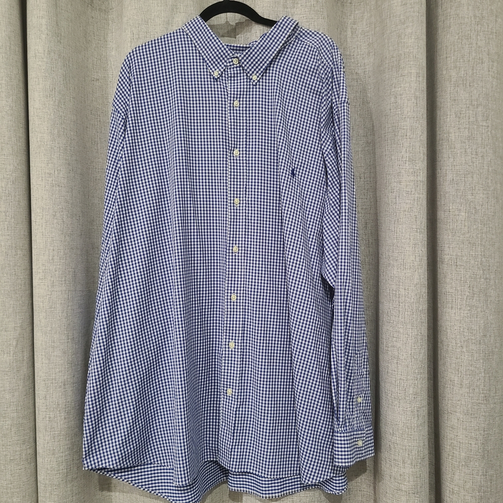 Ralph Lauren Blue/ White Men's Long Sleeve W Blue Flesh Pony Sleeve ButtonUp 5XB